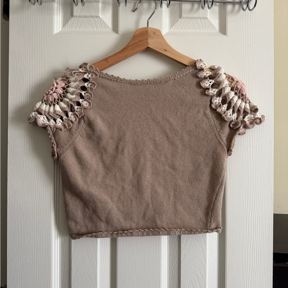 Anthropologie Knitted and Knotted Crochet Cap Sleeve Knit Cropped Bolero - Picture 2 of 5